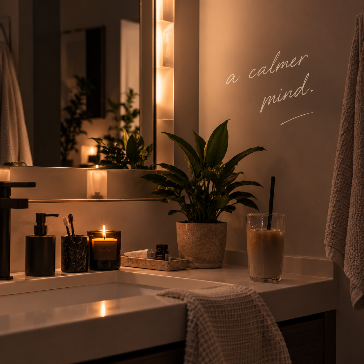 A candlelit vanity with the words a calmer mind