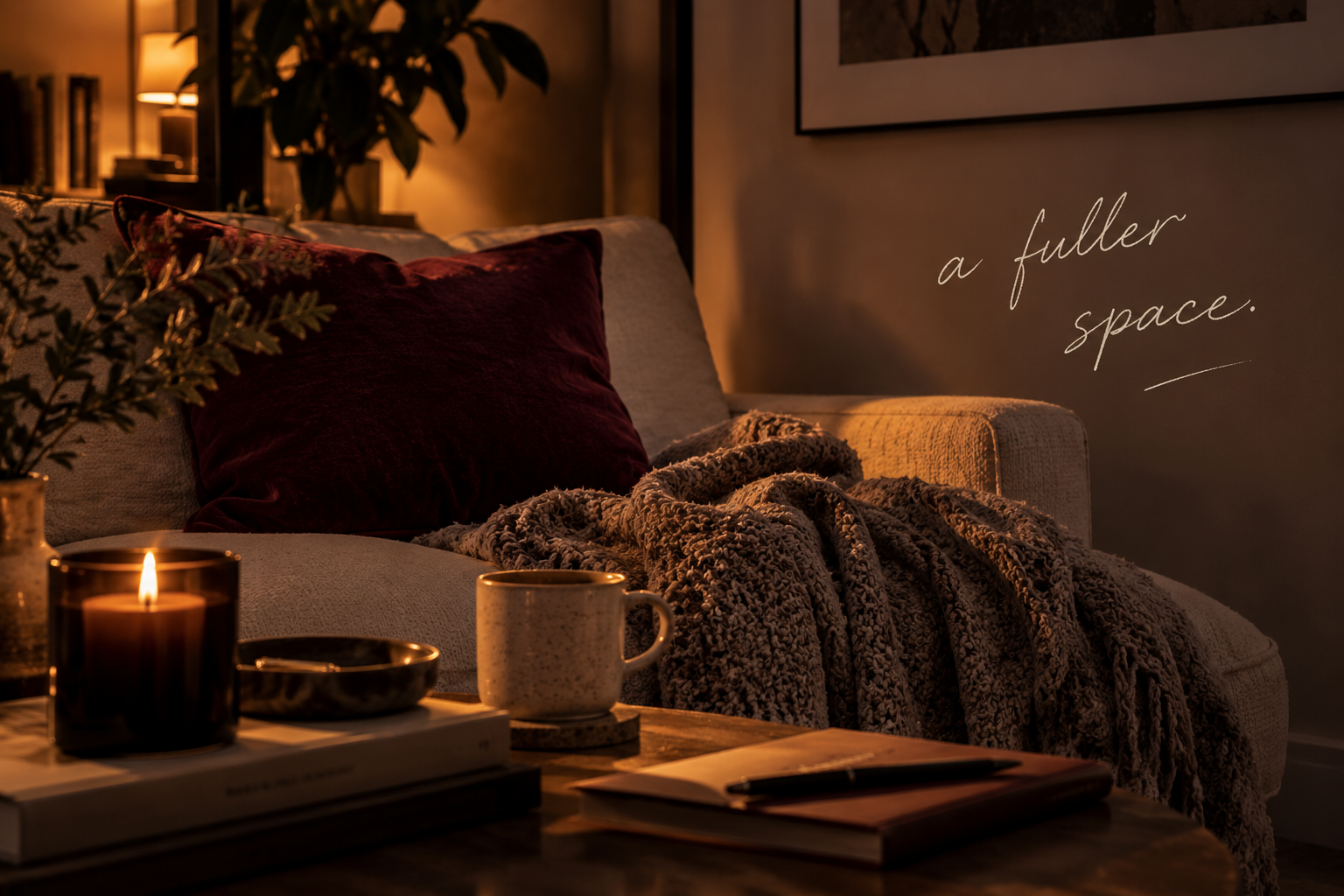 A warm living room at the end of the day with the words a fuller space